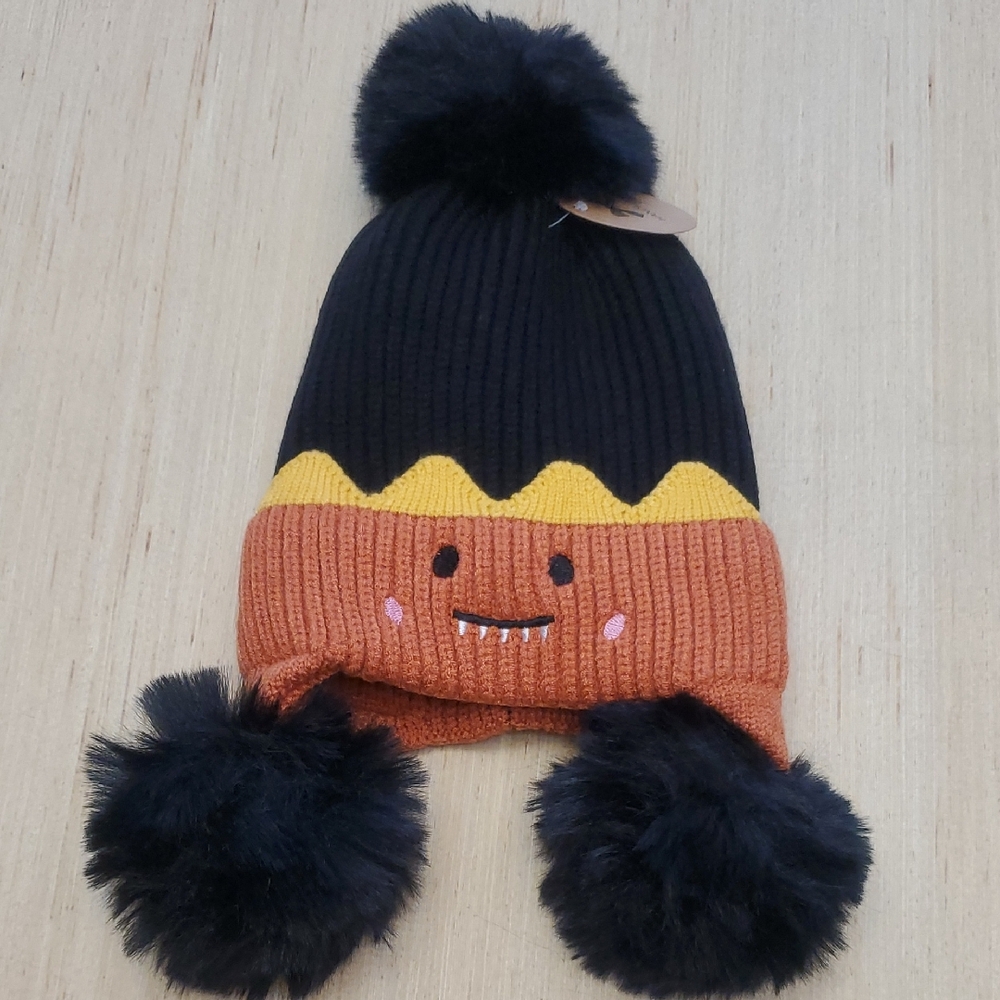 Cute Black and Orange Kids' Pom-Pom Beanie